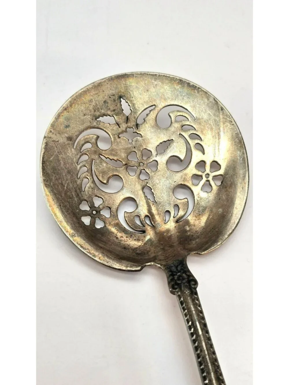 Antique Sterling Silver Pierced Serving Spoon Bonbon Floral Handle Mono CM2267